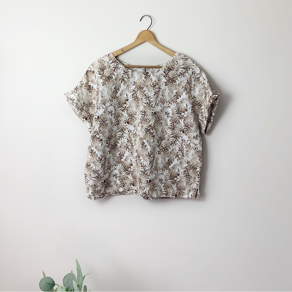[Christopher & Banks] Women's Tan & Brown Pineapple Print Linen Short Sleeve Top